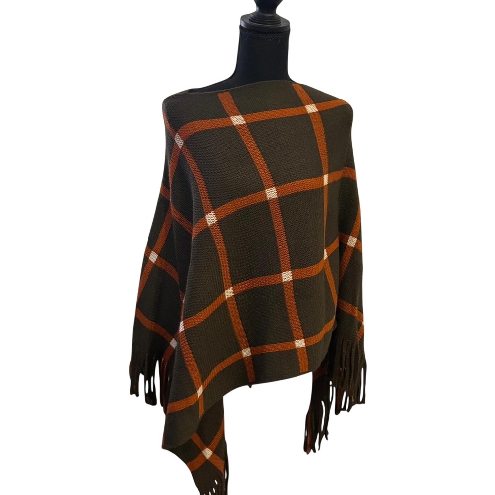 Womens Windowpane Plaid Knit Poncho Orange Fringe Trim Wrap One Size